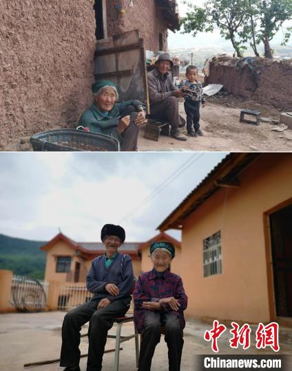 上圖為甲甲溝村村民羅木你坡夫婦所住的舊房，下圖為夫婦倆遷入的新居。(拼版圖) 張浪 攝